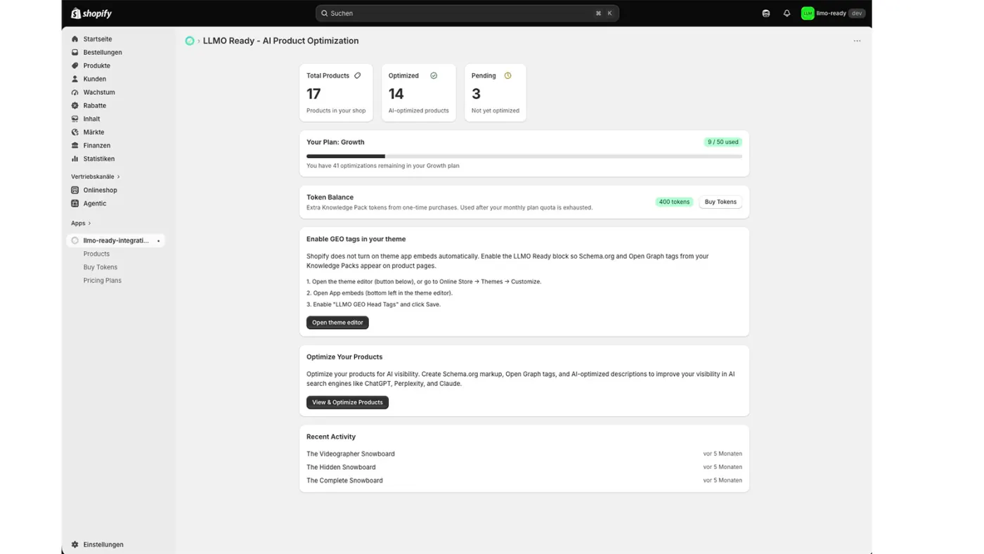 LLMO Ready dashboard in Shopify Admin