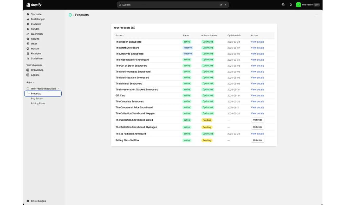 Product list with optimization status