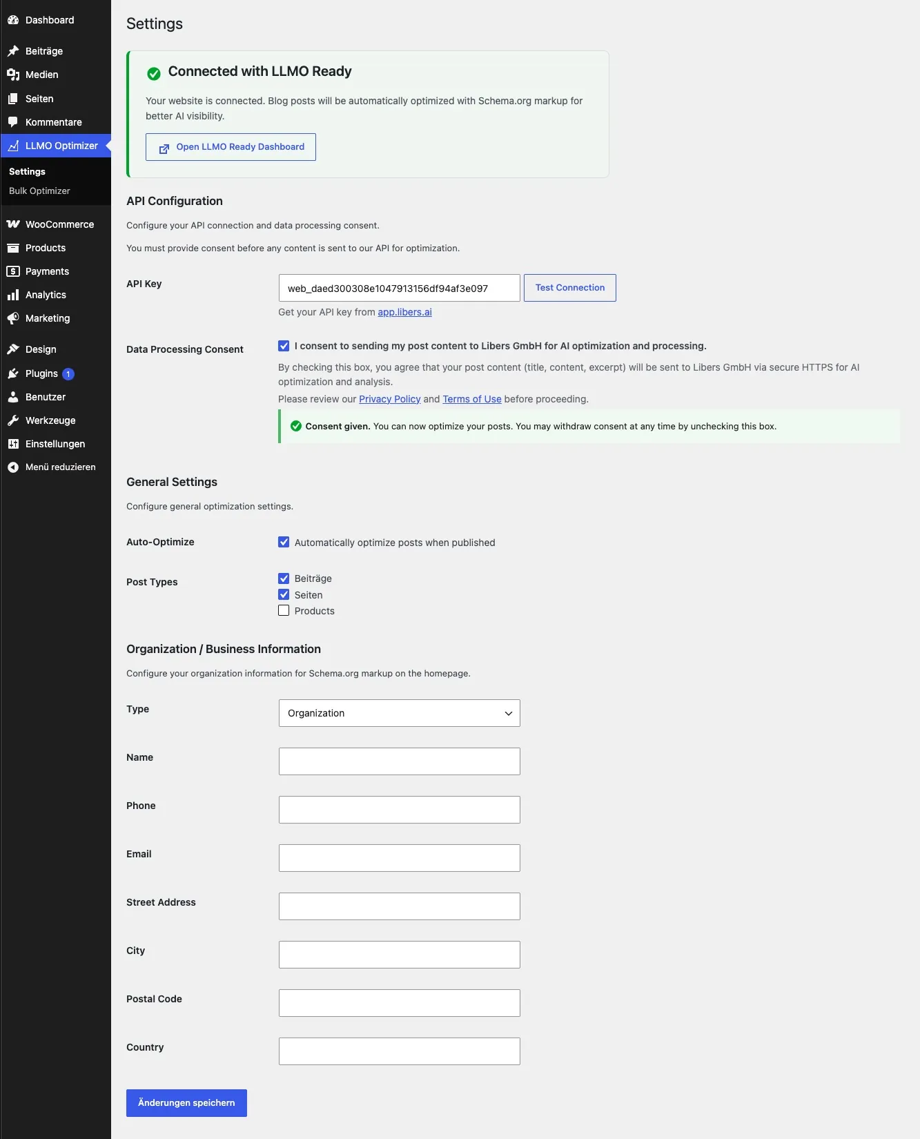 LLMO Optimizer Einstellungen, verbunden mit Libers Suite