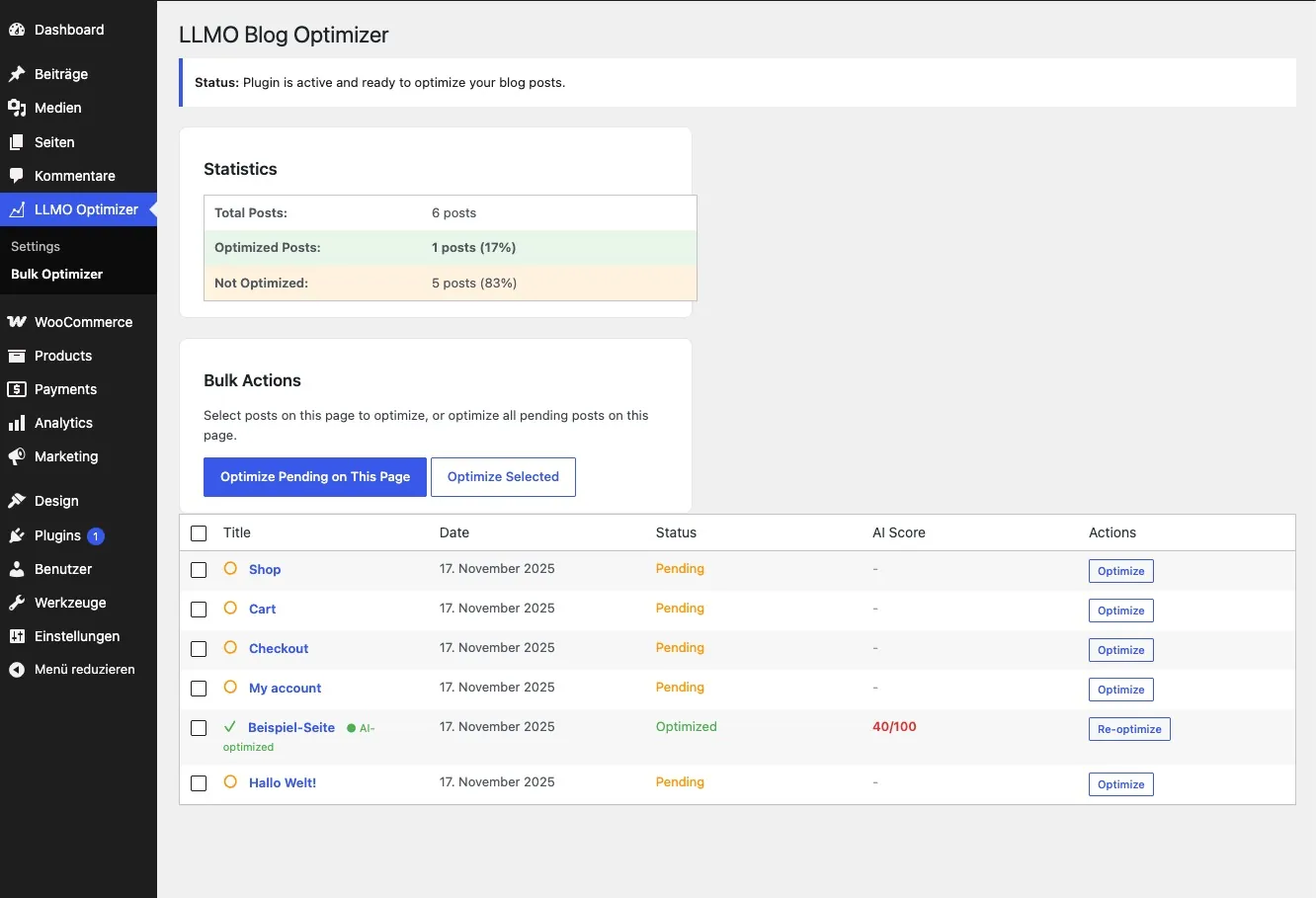Bulk Optimizer mit Liste aller Beiträge und Status