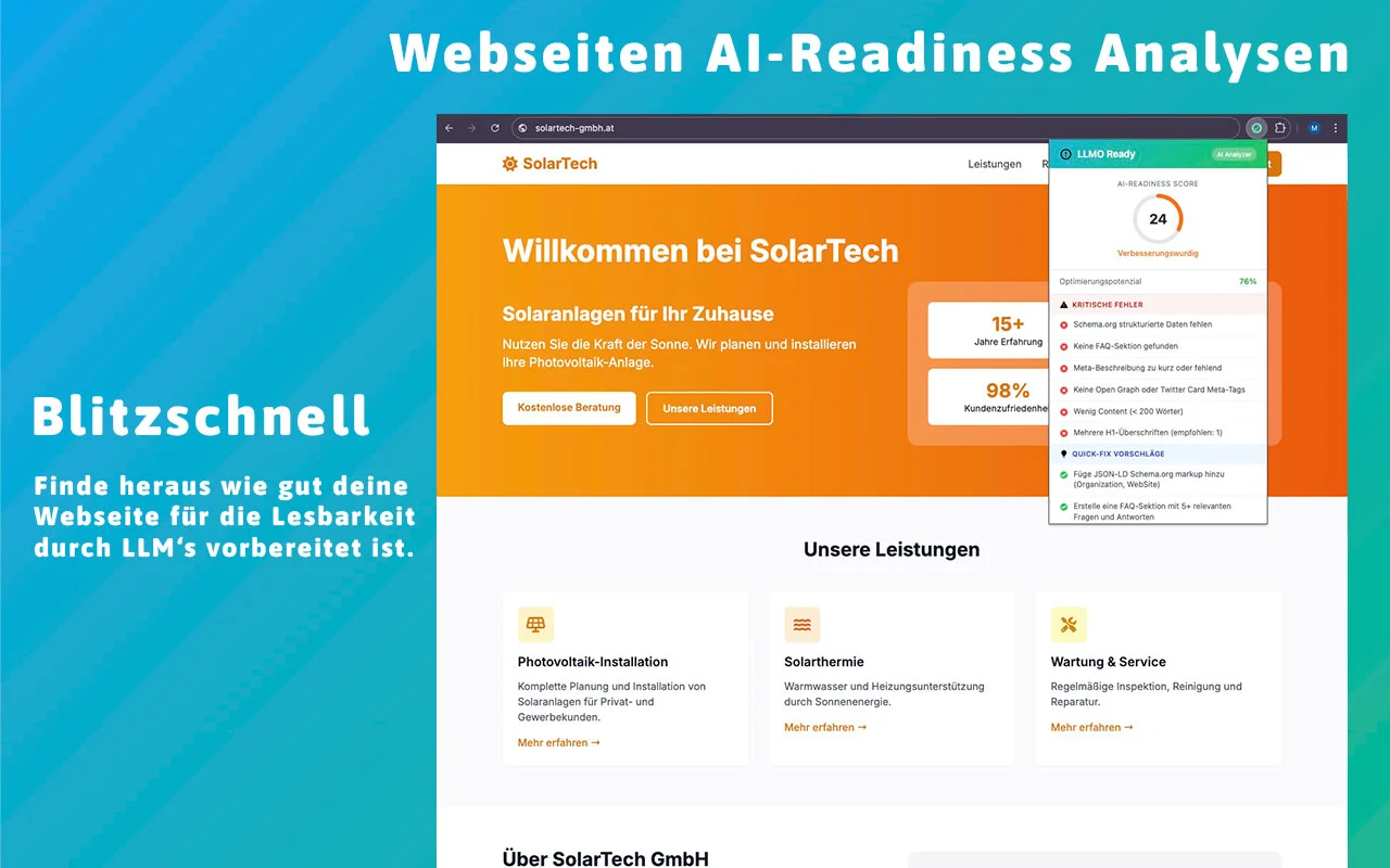 Chrome-Erweiterung von Libers Suite mit AI-Readiness Score, kritischen Fehlern und Quick-Fix-Vorschlägen auf einer Beispiel-Website