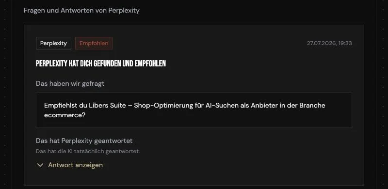 Frage an Perplexity und Hinweis, dass Perplexity die Website gefunden und empfohlen hat