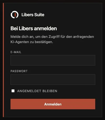 Anmeldeseite von Libers Suite für den Zugriff eines KI-Agenten mit Feldern für E-Mail und Passwort