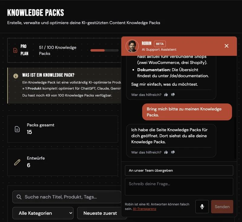 Robin hat auf Wunsch die Seite Knowledge Packs geöffnet und bestätigt das im Chat
