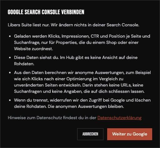 Hinweis in Libers Suite vor der Verbindung mit Google mit den Buttons Abbrechen und Weiter zu Google