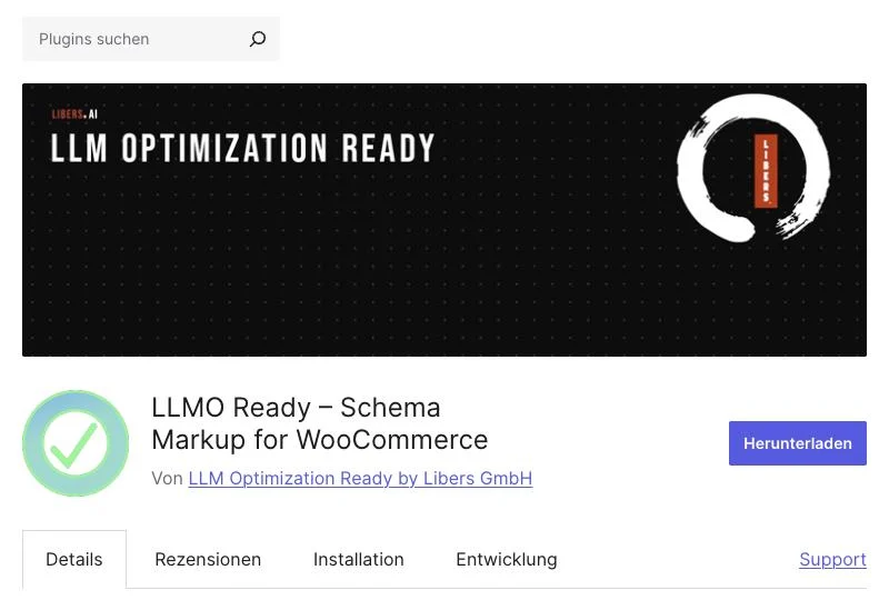 Seite des Plugins LLMO Ready Schema Markup for WooCommerce im WordPress-Plugin-Verzeichnis