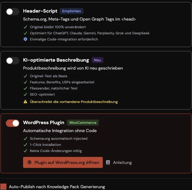 Veröffentlichungs-Einstellungen eines WooCommerce-Shops in Libers Suite mit eingeschalteter Option WordPress Plugin