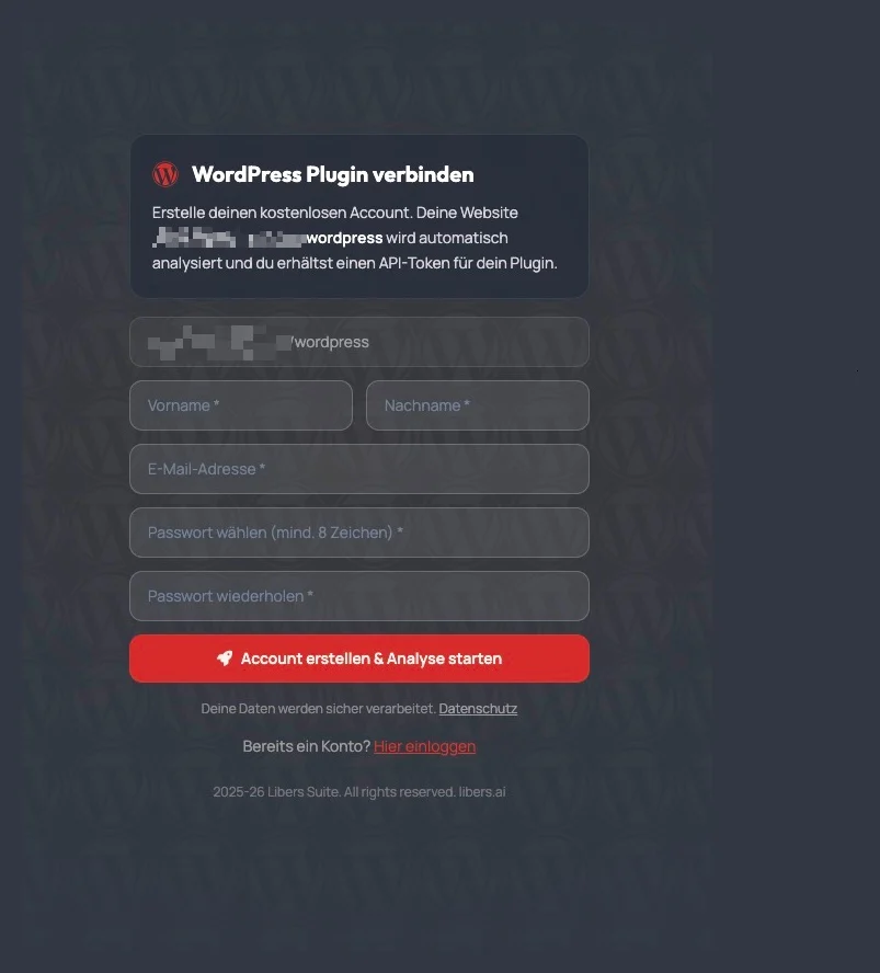 Registrierung bei Libers Suite aus dem WordPress-Plugin mit vorausgefüllter Website-Adresse