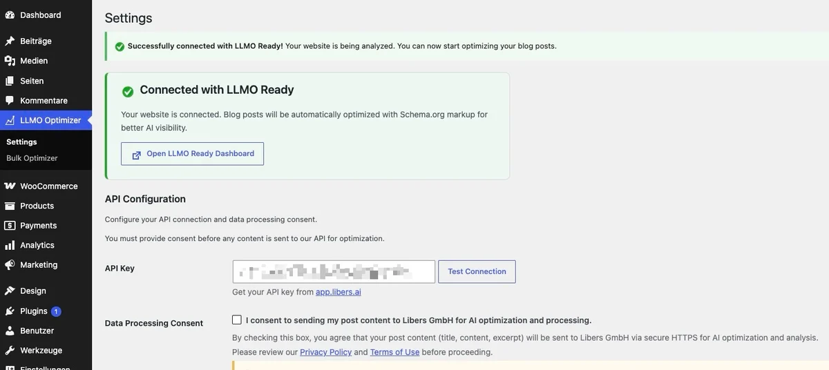 Blog Optimizer nach erfolgreicher Verbindung mit dem Hinweis Connected with LLMO Ready und dem noch offenen Feld Data Processing Consent